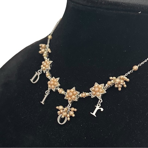 Dior Champagne Pearl & Silver Spell Out Engraved Adjustable Necklace - Picture 4 of 15